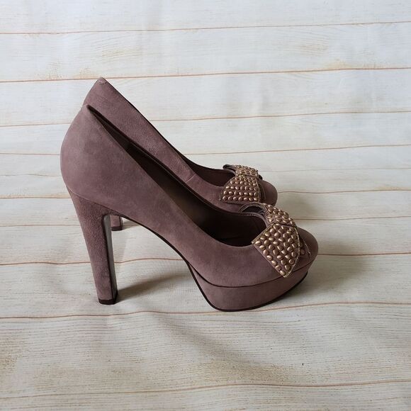 Nine West Memorie Suede Leather Round Toe Bow Platform Heels Pink Size 7 1/2M - Picture 8 of 16